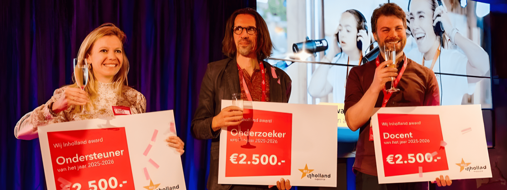 Winnaars Wij Inholland award Sanja Leene, Frank van der Helm en Rutger Boxhoorn